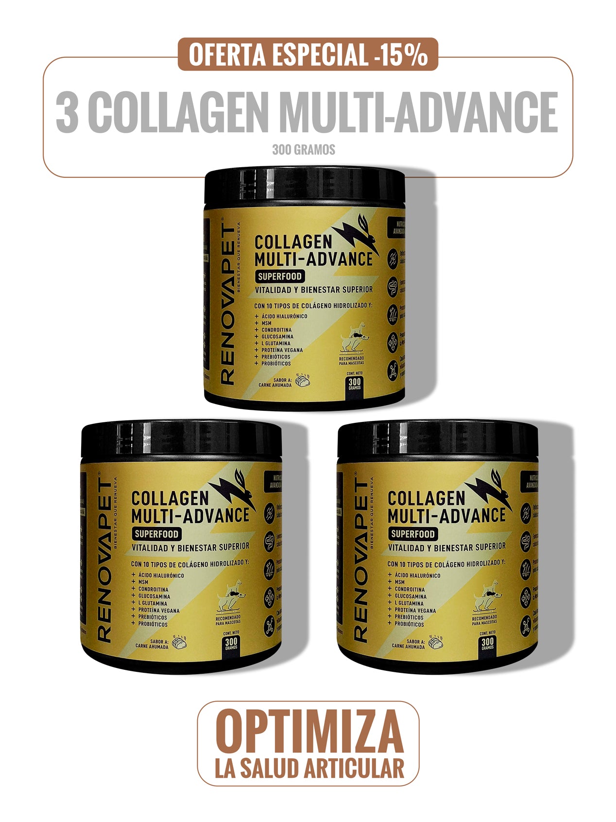 KIT x3 unid de Colágeno Multi-Advance 300 grs - Suplemento para fortalecer la movilidad y articulaciones de tu mascota