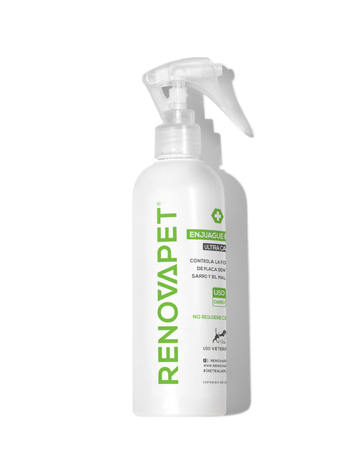 Dientes limpios y sin mal aliento para mascotas | Renovapet Enjuague Bucal Ultra Care 250 mL. Reg. ICA 11426-CV