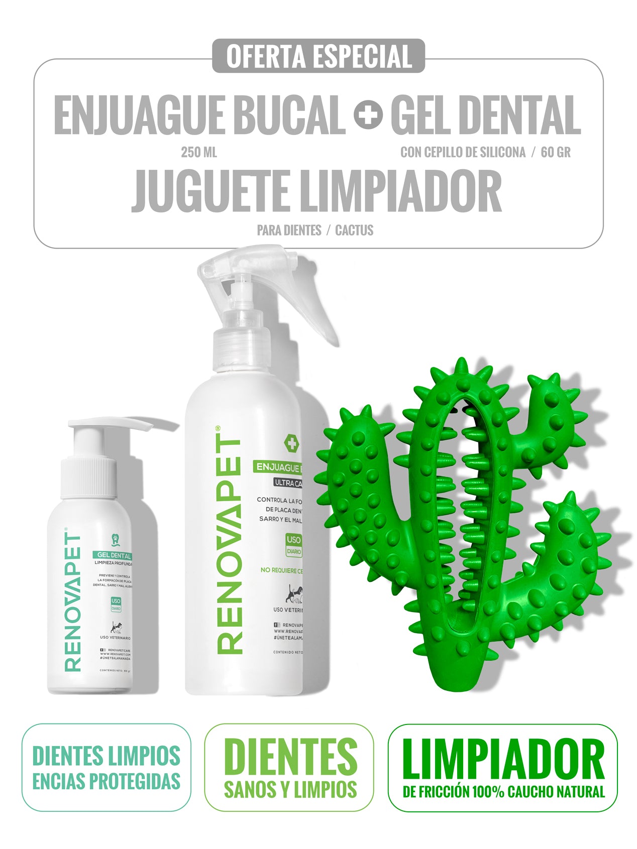 KIT Enjuague Bucal 250 ML + Gel Dental 60 gramos + Cactus Limpiador