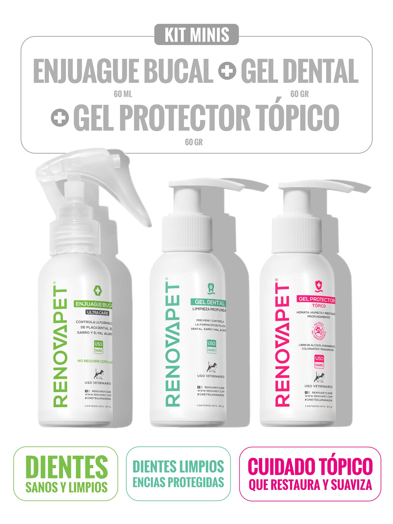 KIT MINIS Enjuague Bucal 60 ml + Gel Dental 60 gr + Gel Protector Tópico 60 gr