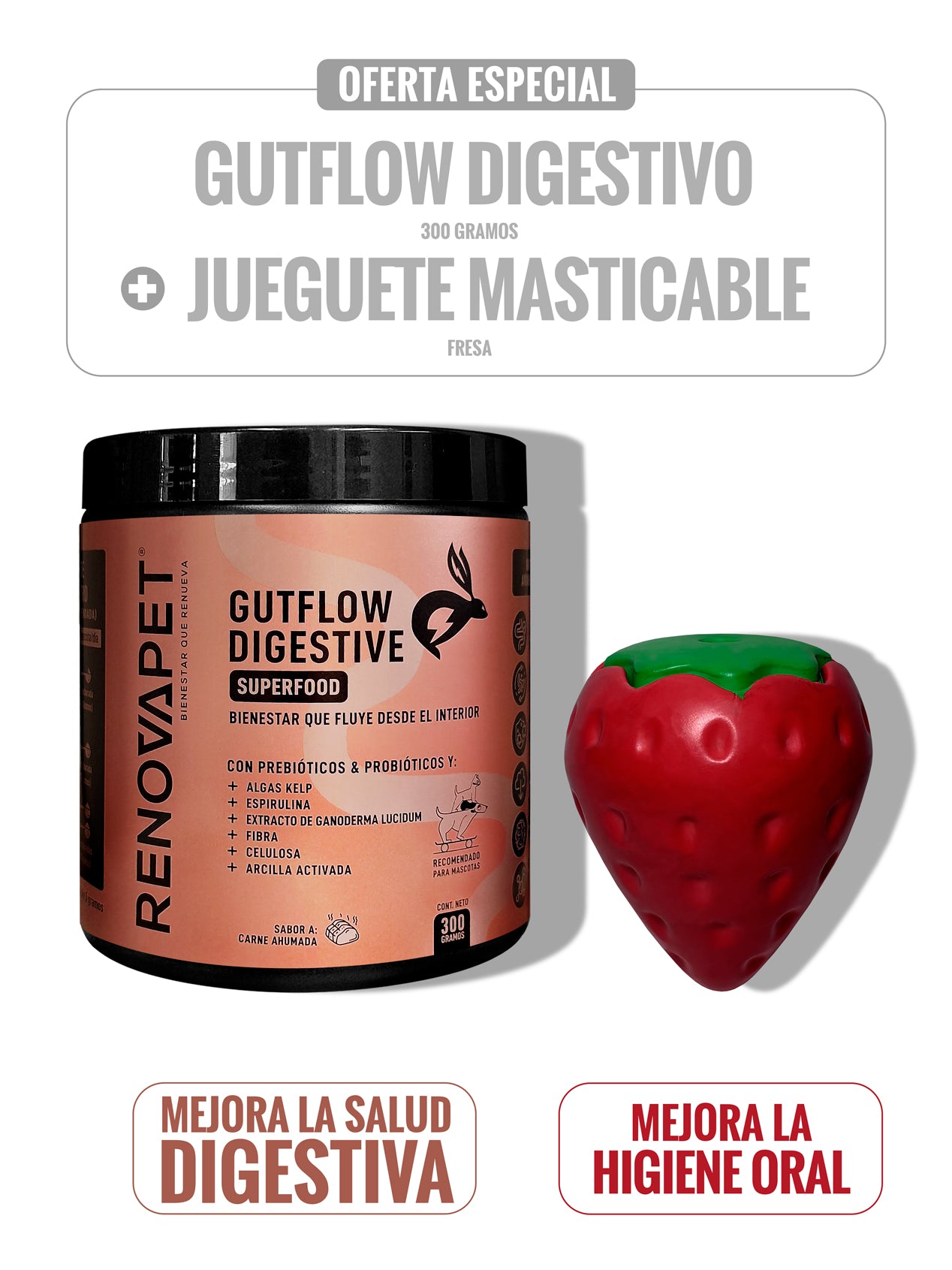 KIT: Gutflow Digestivo 300 gr + Juguete Masticable Fresa