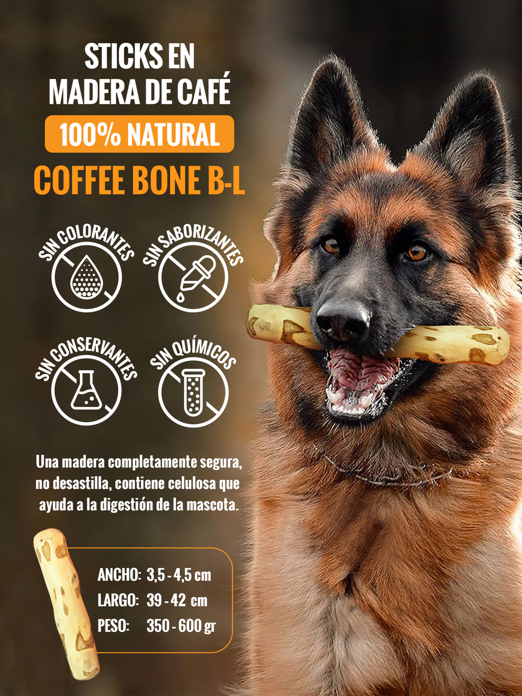 Limpiador de fricción natural, hecho de madera de Café para mascotas - COFFEE BONE GRANDE