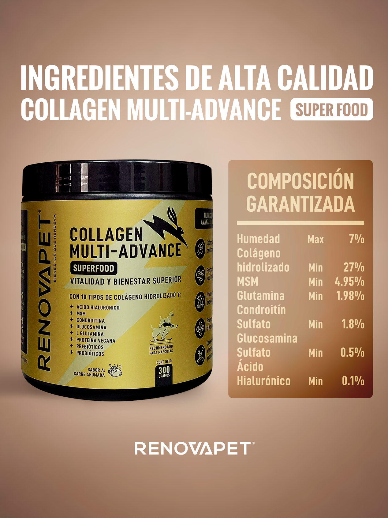 Suplemento para fortalecer la movilidad y articulaciones de tu mascota | Colágeno Multi-Advance con sabor a carne ahumada. Reg. ICA: 23290SL