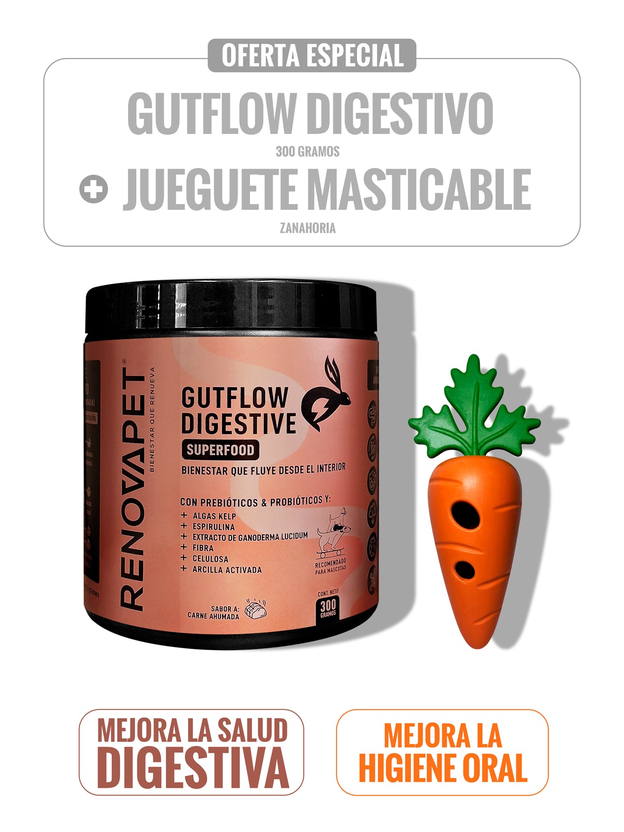 KIT: Gutflow Digestive 300 gr + Juguete Masticable Zanahoria