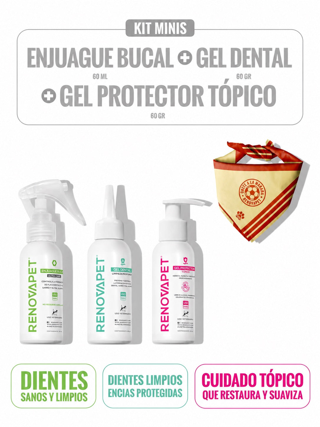 KIT MINIS Enjuague Bucal 60 mL + Gel Dental 60 g + Gel Protector Tópico 60 g - SKU: RPKT009