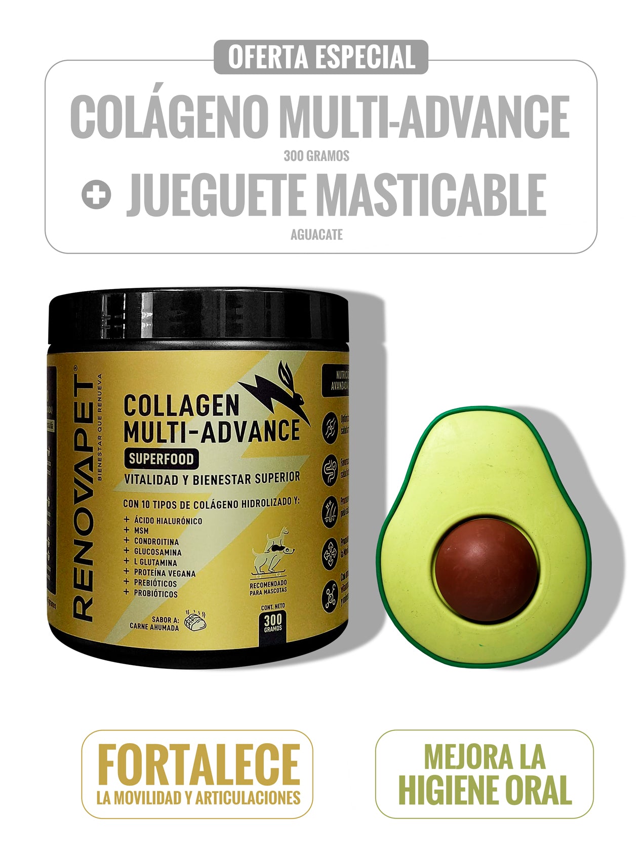 KIT COLÁGENO MULTI-ADVANCE 300 GR + JUGUETE MASTICABLE AGUACATE - SKU: RPKT013