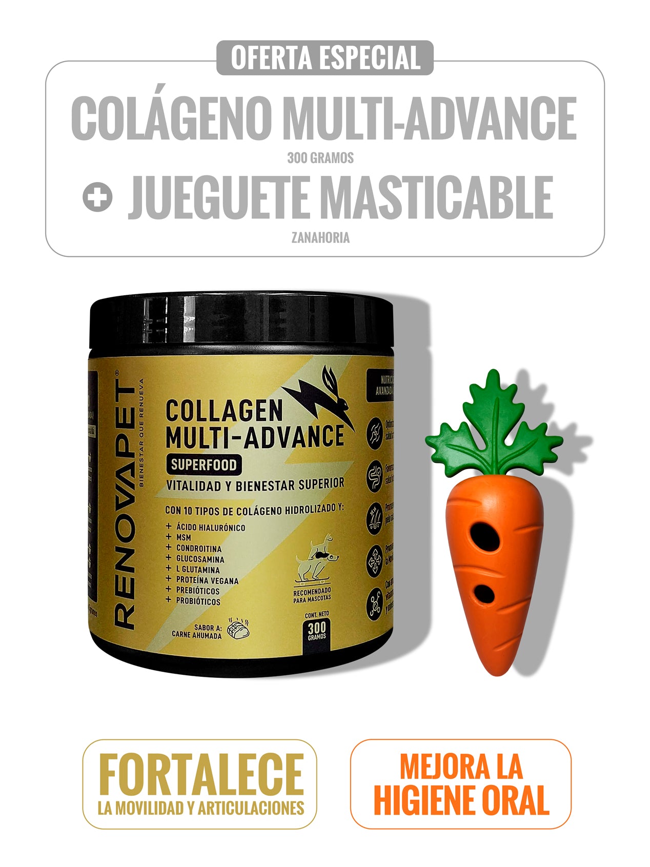 KIT COLÁGENO MULTI-ADVANCE 300 GR + JUGUETE MASTICABLE ZANAHORIA - SKU: RPKT011