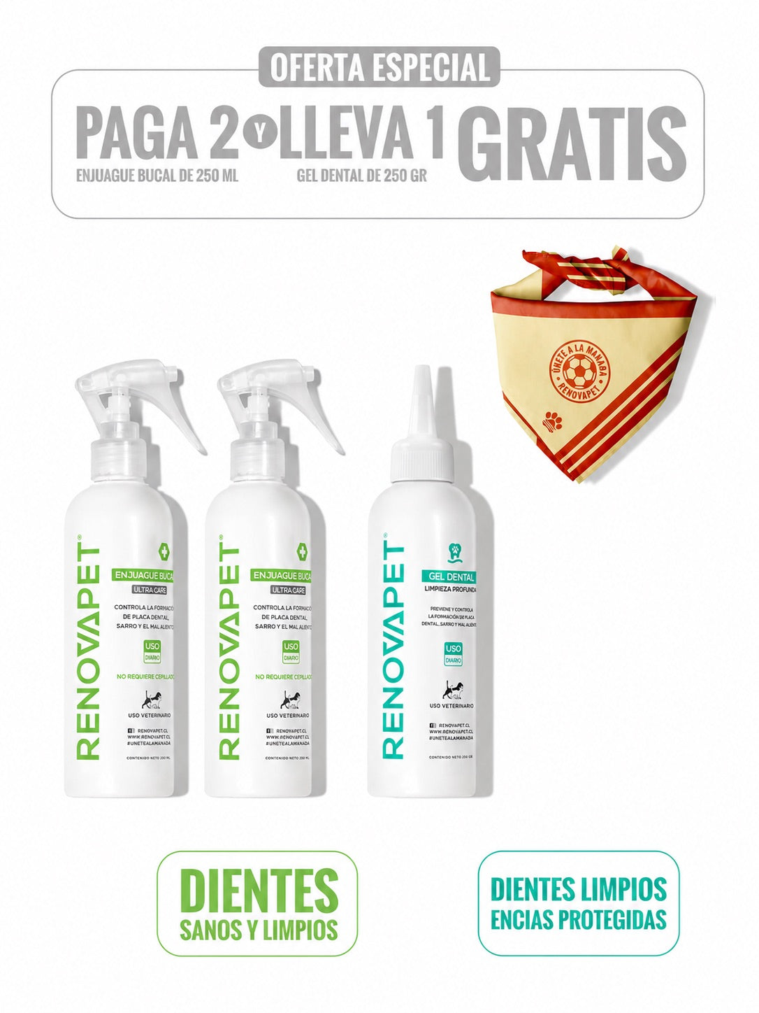 KIT PAGA 2 RENOVAPET BUCAL Y LLEVA 1 GEL DENTAL - SKU: RPKT020