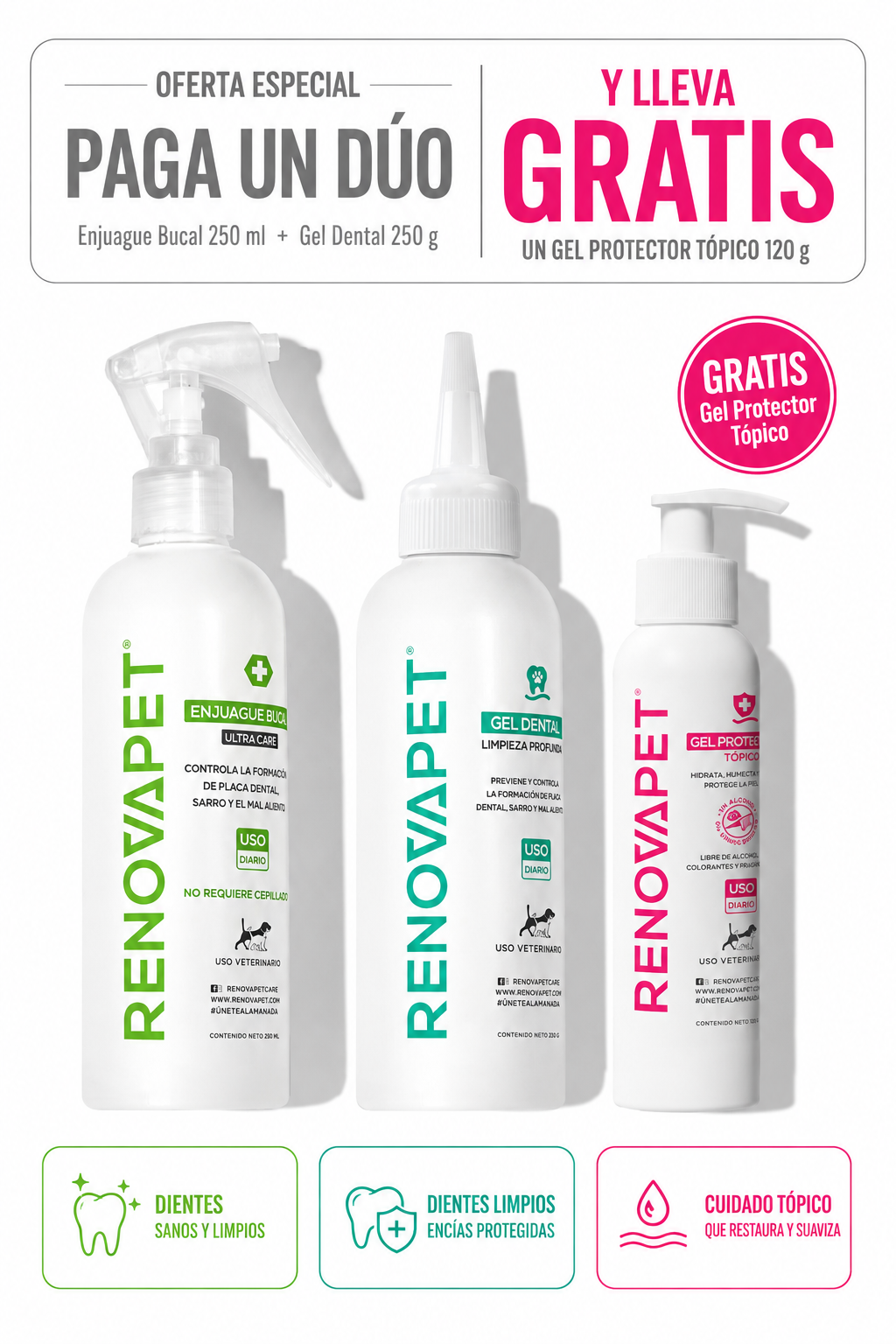 ENJUAGUE 250 ML + GEL DENTAL 250 GR + GEL PROTECTOR 120 GR - SKU: RPKT030 - ENJUAGUE 120 ML + GEL DENTAL 120 GR + GEL PROTECTOR 120 GR - RPKT031