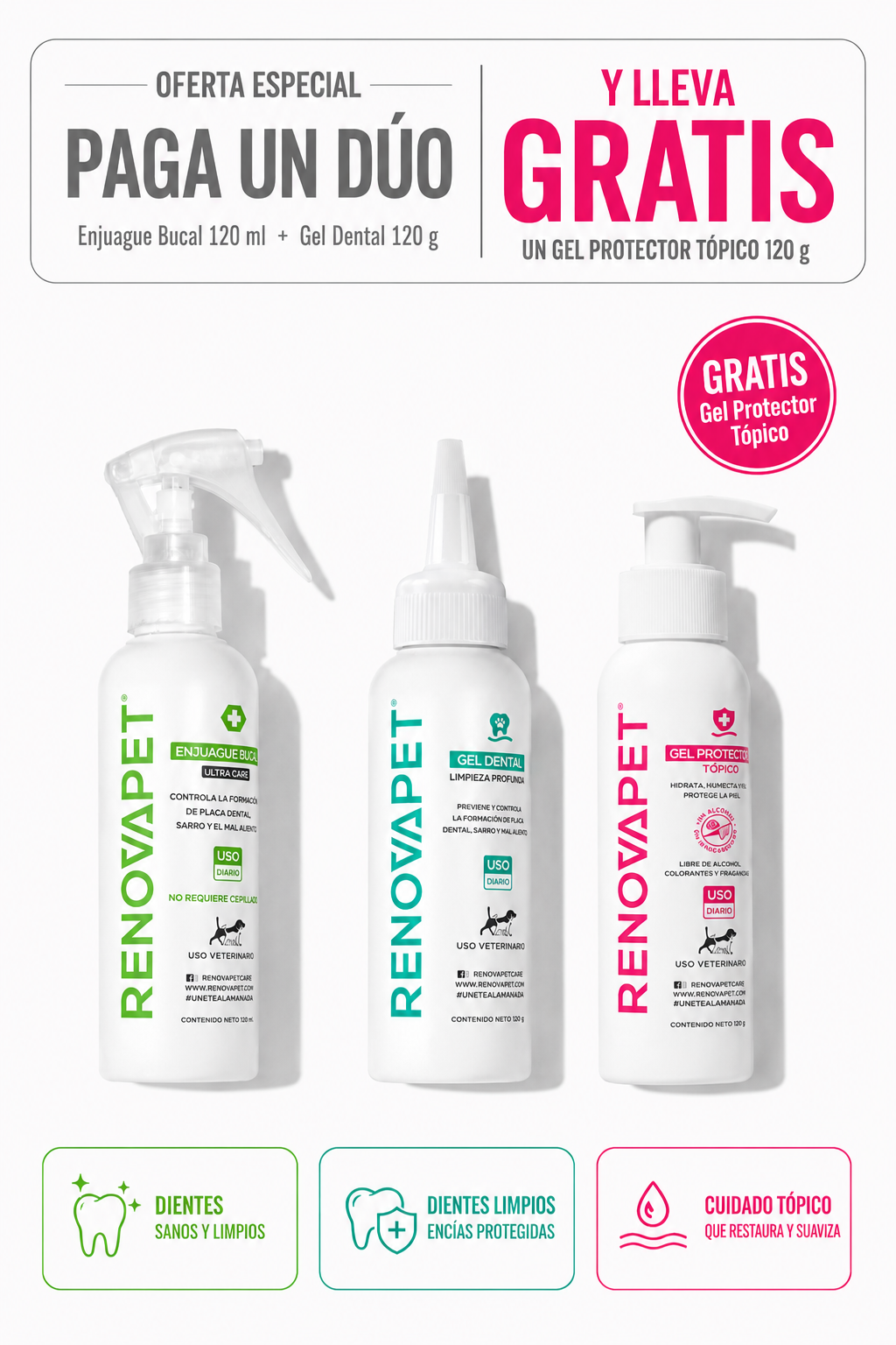 ENJUAGUE 250 ML + GEL DENTAL 250 GR + GEL PROTECTOR 120 GR - SKU: RPKT030 - ENJUAGUE 120 ML + GEL DENTAL 120 GR + GEL PROTECTOR 120 GR - RPKT031