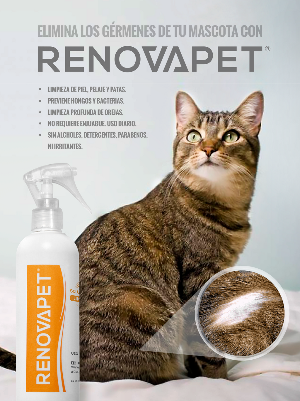 Limpiador de piel, pelaje y patas de perros y gatos | Renovapet Solución Tópica Limpiadora 250 mL. Reg. ICA: 11318-CV