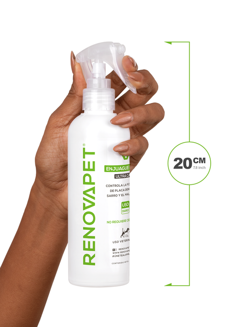 Dientes limpios y sin mal aliento para mascotas | Renovapet Enjuague Bucal Ultra Care 250 mL. Reg. ICA 11426-CV