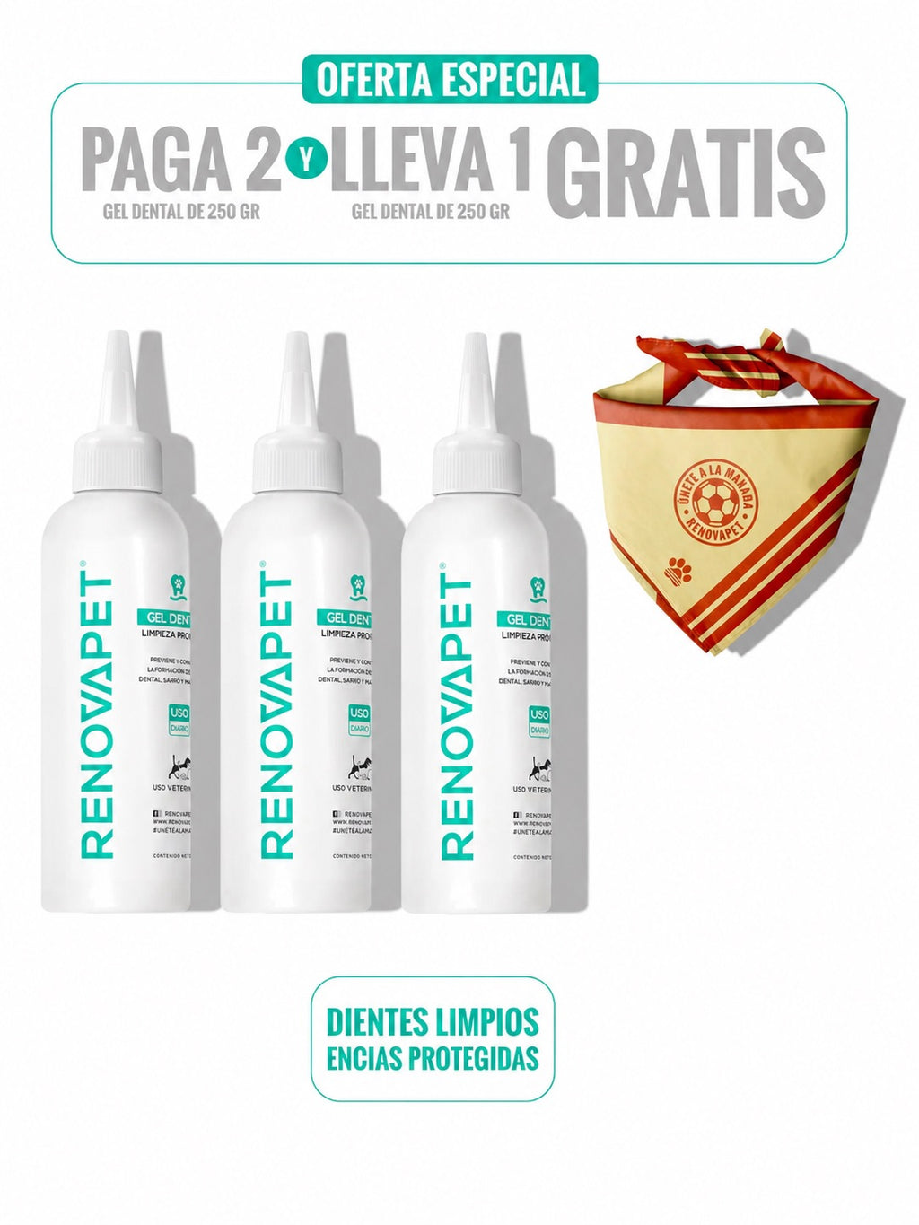 PAGA 2 Y LLEVA 3 - GEL DENTAL PARA MASCOTAS - INCLUYE CEPILLO SILICONA - 250 g SKU: RPKT021