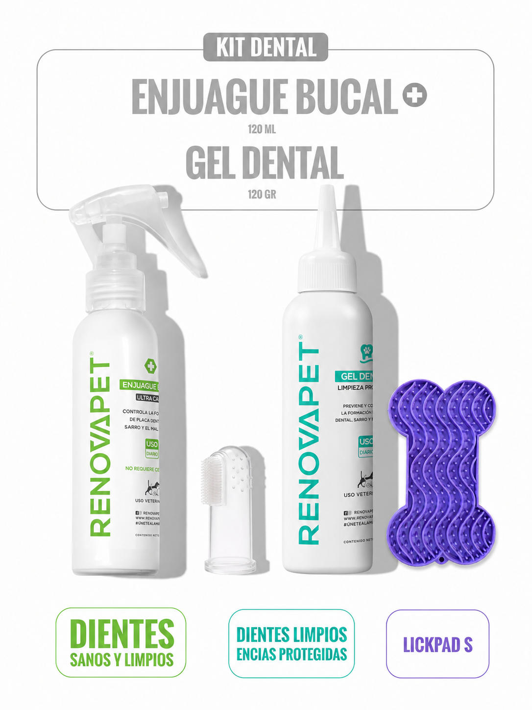 KIT DENTAL Gratis Lick pad S/M  Enjuague Bucal 250 mL + Gel Dental 250 g - SKU: RPKT010 - Enjuague Bucal 120 mL + Gel Dental 120 g - SKU: RPKT110