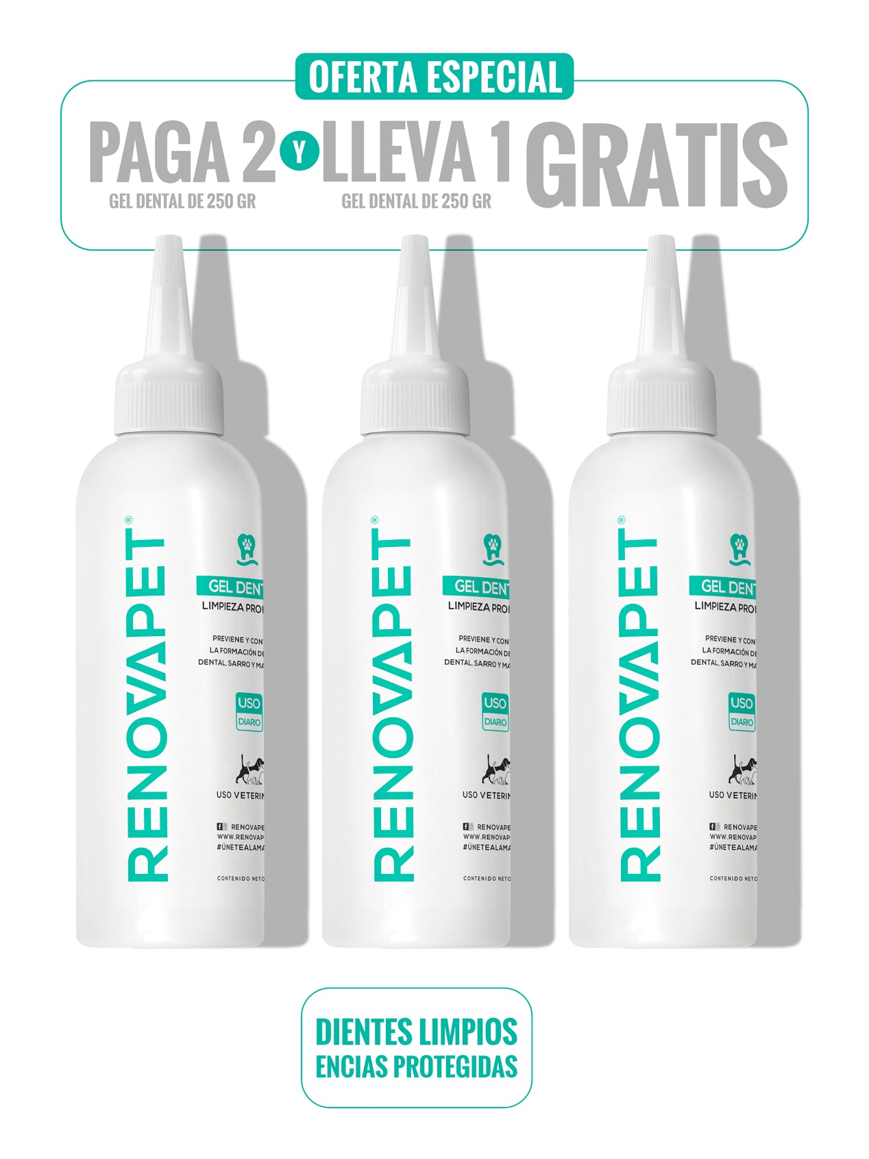 PAGA 2 Y LLEVA 3 - GEL DENTAL PARA MASCOTAS - INCLUYE CEPILLO SILICONA - 250 g SKU: RPKT021