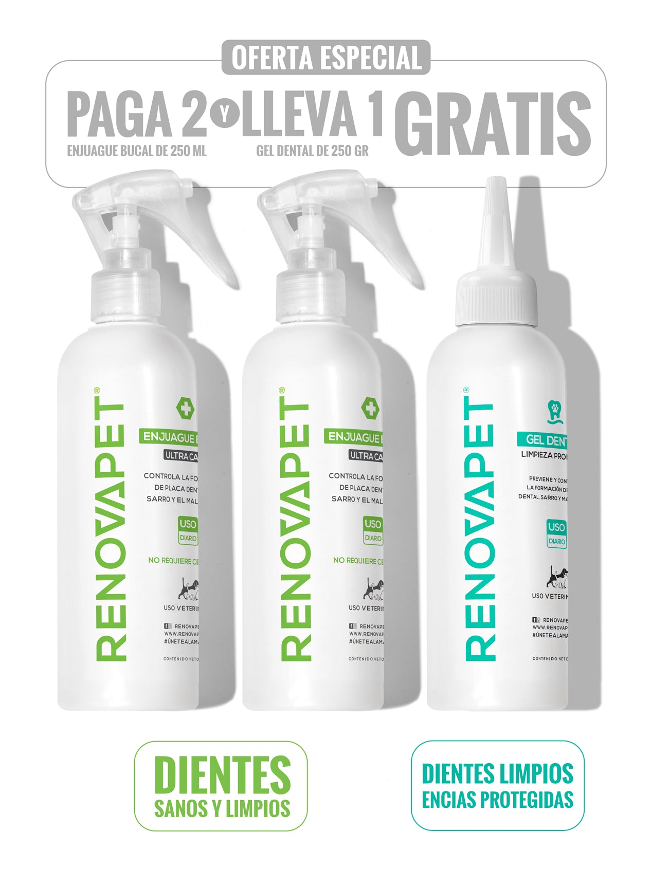 KIT PAGA 2 RENOVAPET BUCAL Y LLEVA 1 GEL DENTAL - SKU: RPKT020