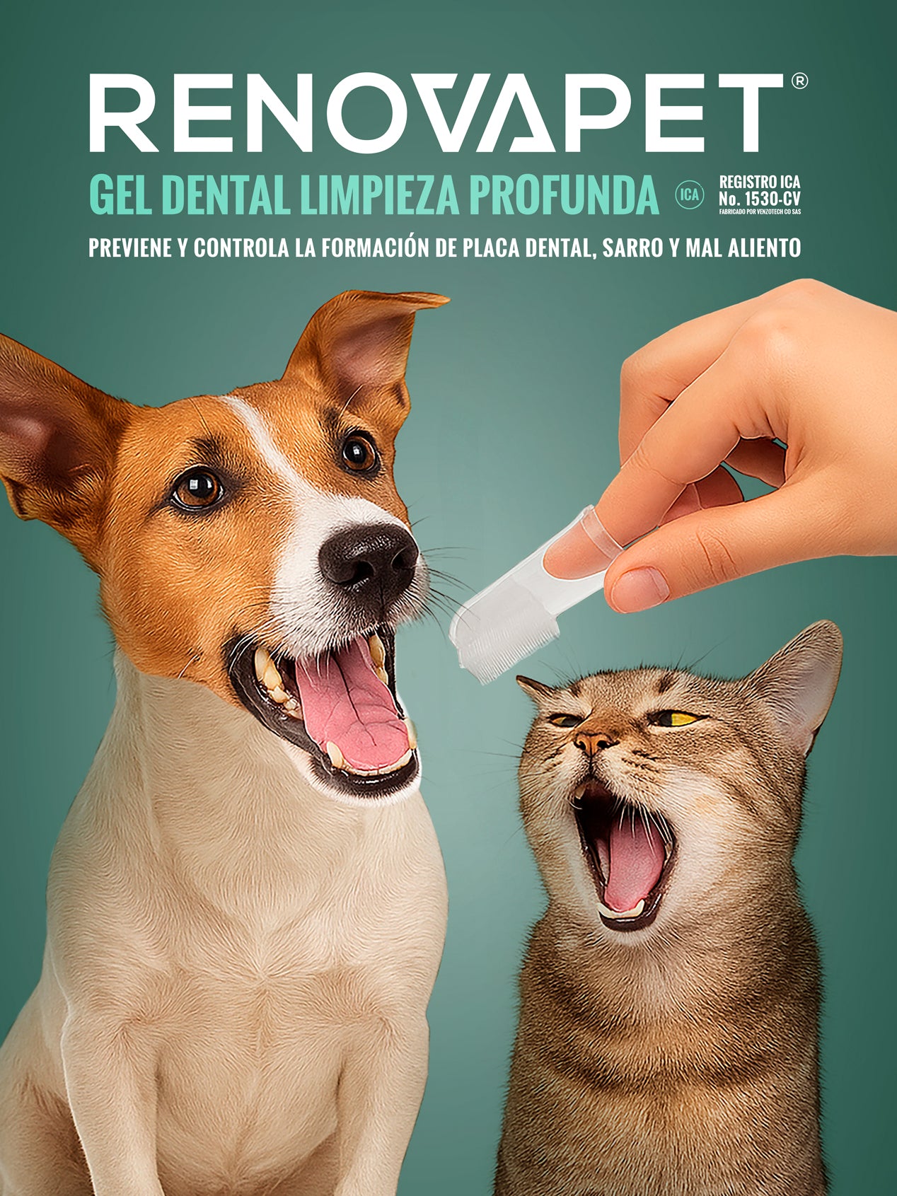 Dientes limpios y encías protegidas para perros y gatos | Renovapet Gel Dental con cepillo de silicona Ultra Care 250 gr. Reg. ICA 11530-CV