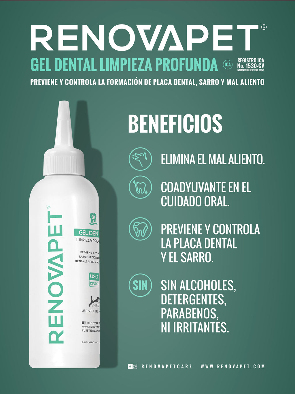 Dientes limpios y encías protegidas para perros y gatos | Renovapet Gel Dental con cepillo de silicona Ultra Care 250 gr. Reg. ICA 11530-CV