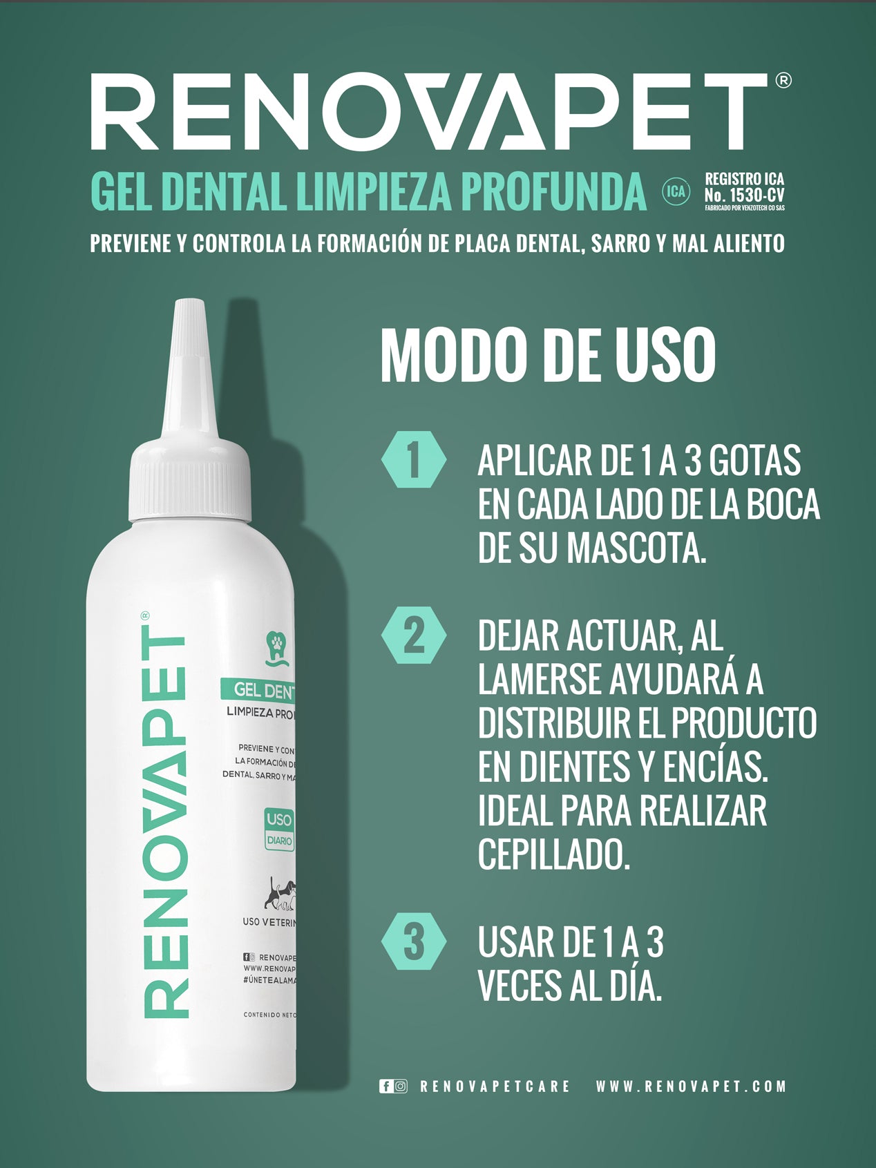 Dientes limpios y encías protegidas para perros y gatos | Renovapet Gel Dental con cepillo de silicona Ultra Care 250 gr. Reg. ICA 11530-CV
