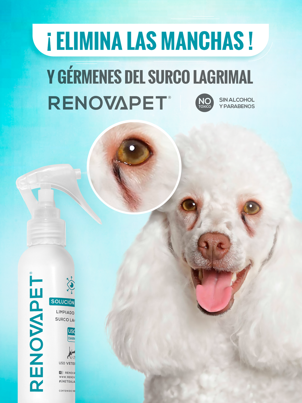 Limpiador de manchas del surco lagrimal para mascotas | Renovapet Solución Tópica Limpiadora Del Surco Lagrimal 120mL. Reg. ICA: 11260-CV
